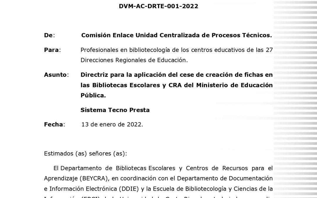 Circular DVM-AC-DRTE-001-2022 Directriz  n°3 Biblioteca Digital y uso del sistema TecnoPresta