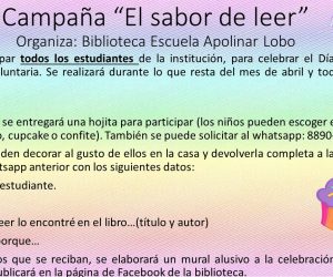 Actividad realizada en la escuela Apolinar Lobo de la Dirección Regional de Educación de San José Norte: “Campaña El Sabor de Leer.